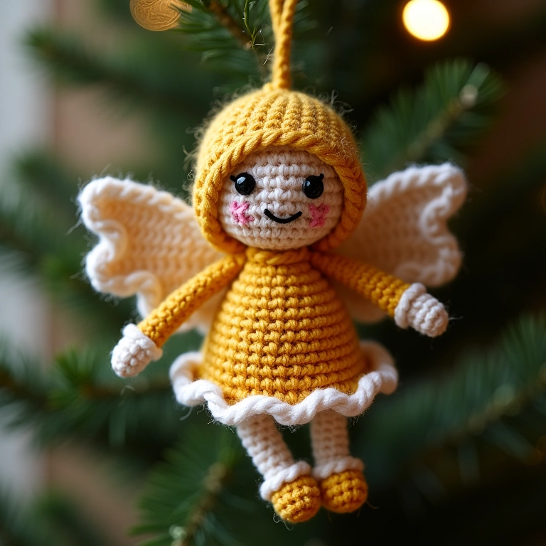 Anjo de crochê pendurado em mini árvore de Natal.