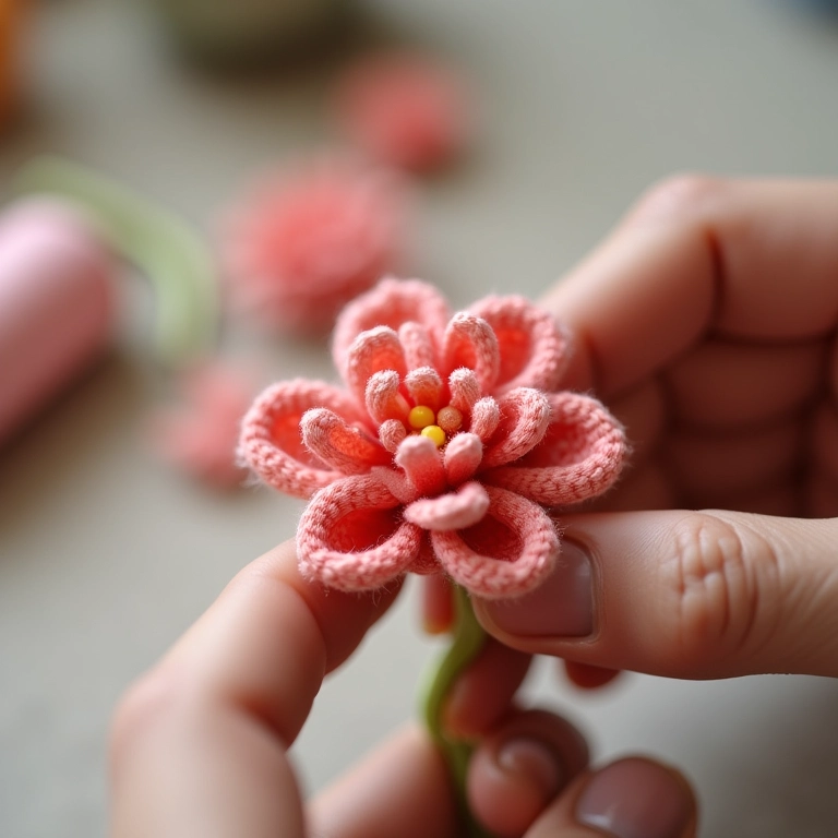 Aplicação cuidadosa de cola em flor de amigurumi.