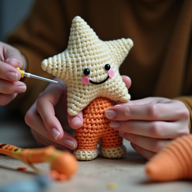 Aplicação de cola em estrela de amigurumi.