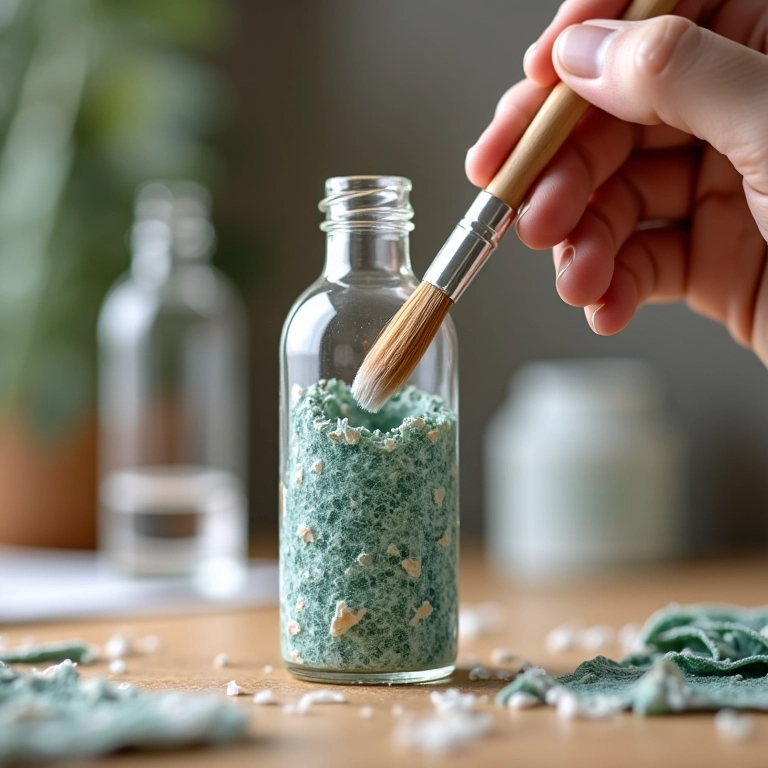 Aplicação de cola para decoupage em garrafa de vidro com pincel macio.