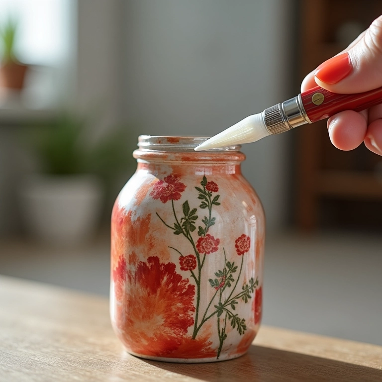 Aplicação de verniz acrílico em garrafa com decoupage.