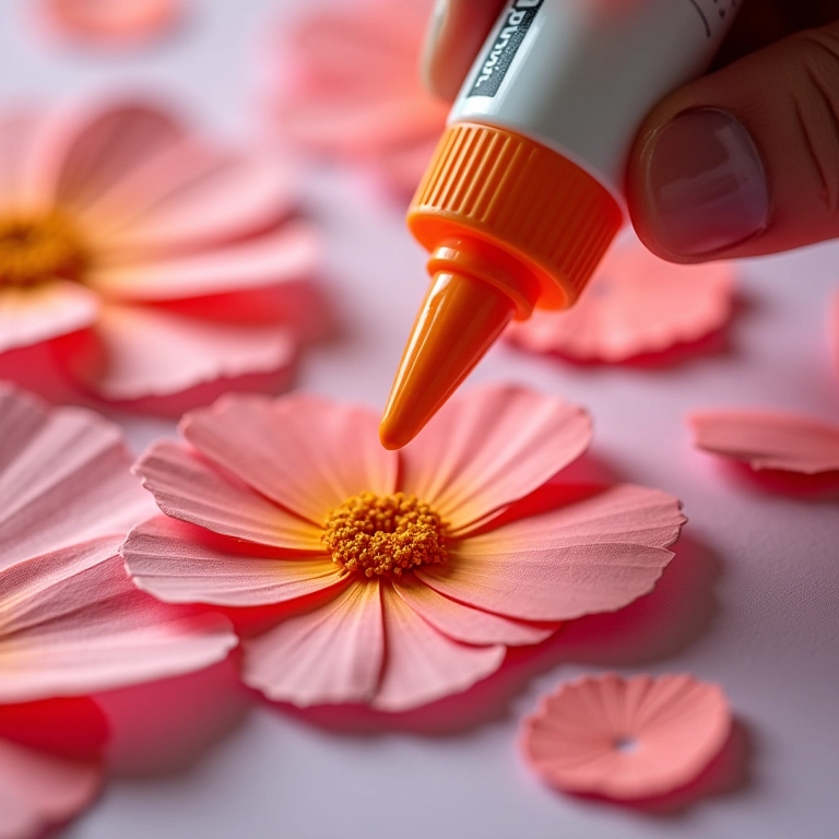 Aplicando cola com precisão em camadas de flor de papel.