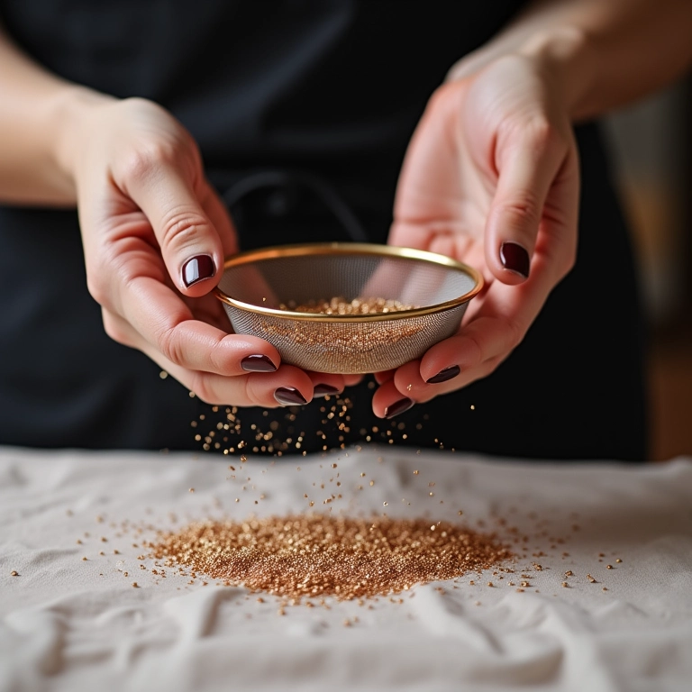 Aplicando glitter com cuidado sobre o tecido para garantir uma cobertura uniforme.