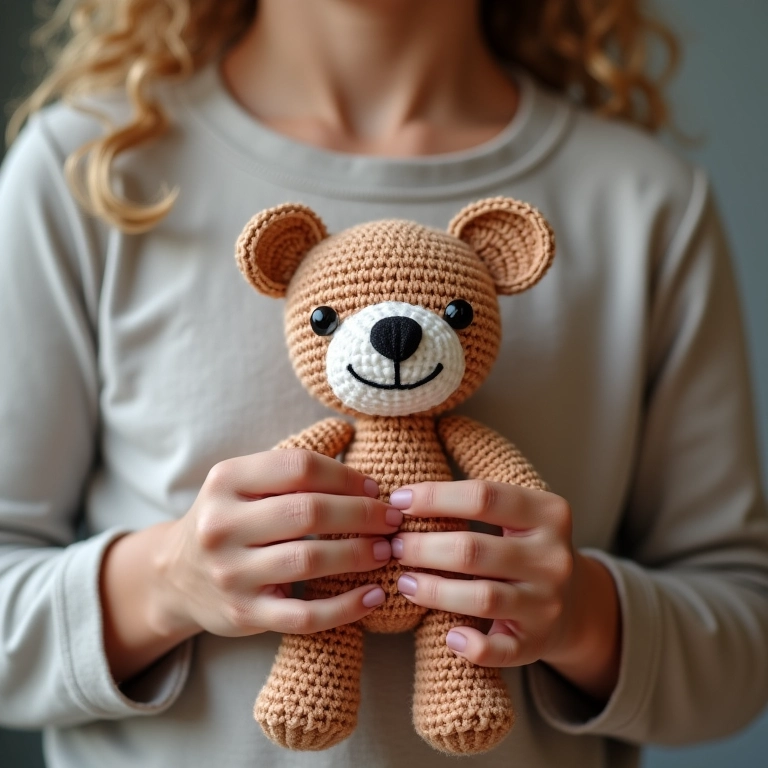 Aplique de urso amigurumi em roupa infantil.