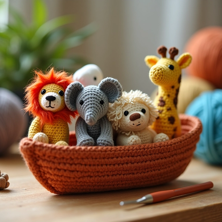 Arca de Noé em amigurumi com leão, elefante, girafa e pomba.