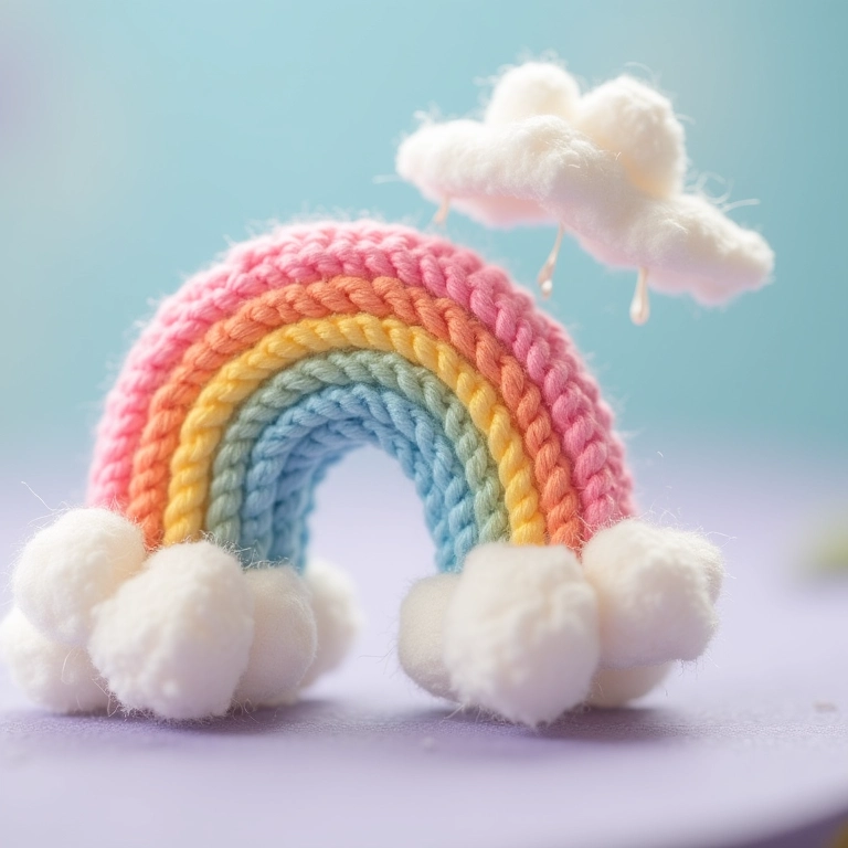 Arco-íris de macramê com nuvens e gotas de amigurumi.