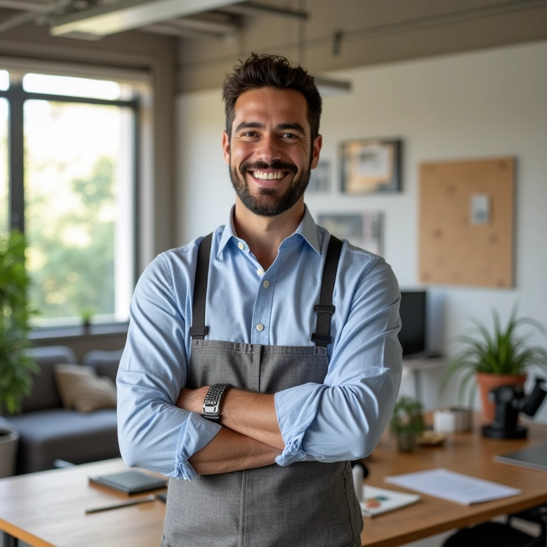 Arquiteta brasileira sorrindo em escritório moderno com materiais reciclados.