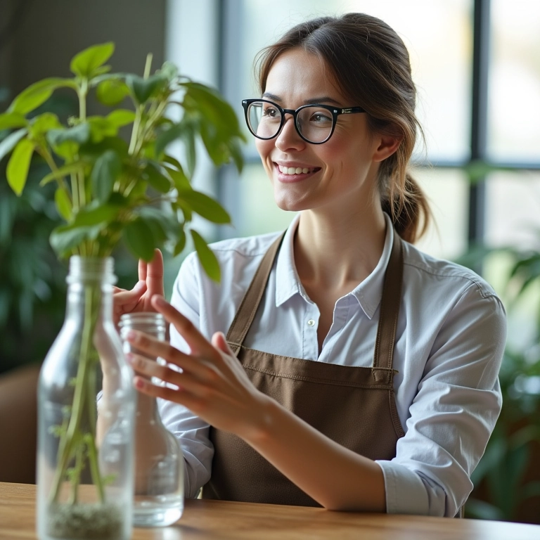 Arquiteta explicando como plantar em garrafa pet, em um ambiente iluminado e acolhedor.