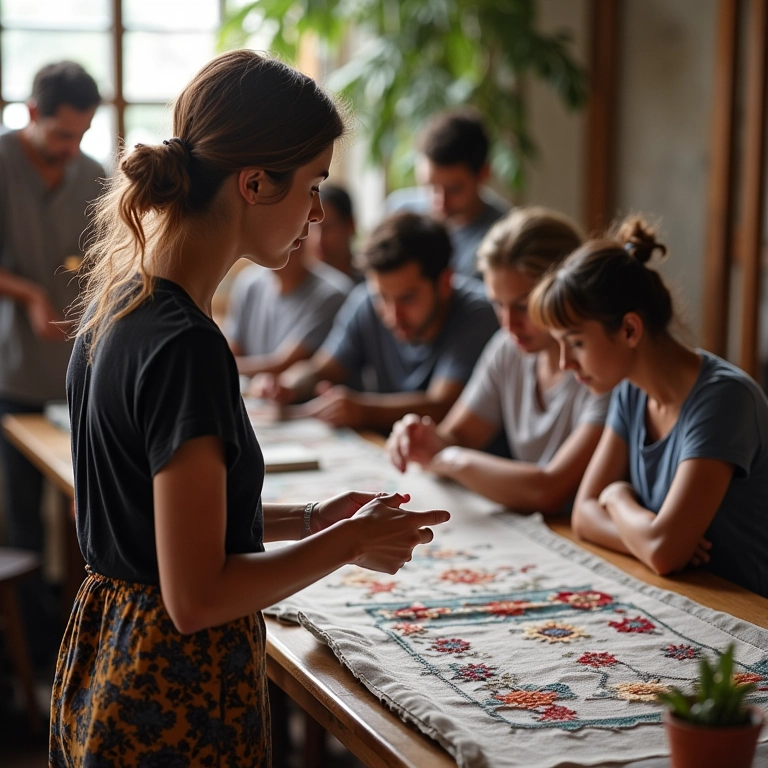Arquiteta explicando técnicas de bordado em um workshop, com um grupo diverso e ambiente acolhedor.