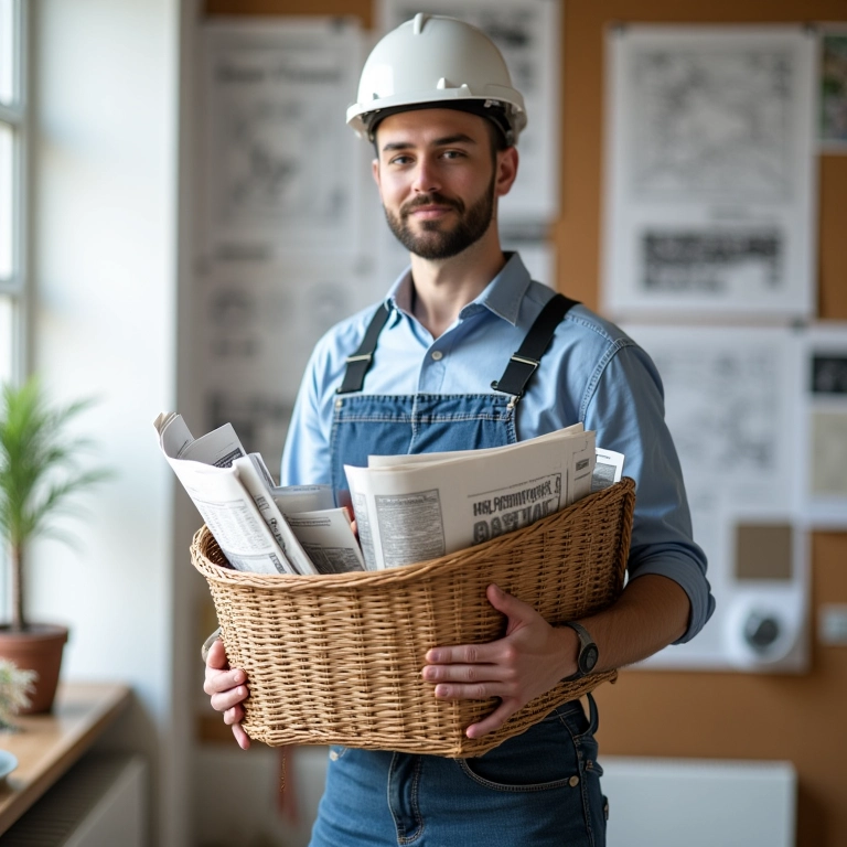 Arquiteta segurando cesto de jornal em estúdio de design iluminado.