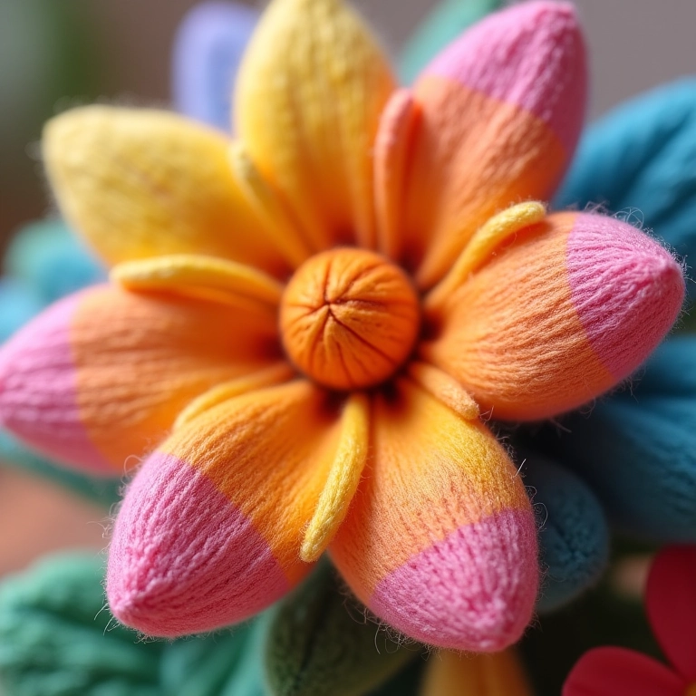 Arranjo artístico de amigurumis de flores coloridas.