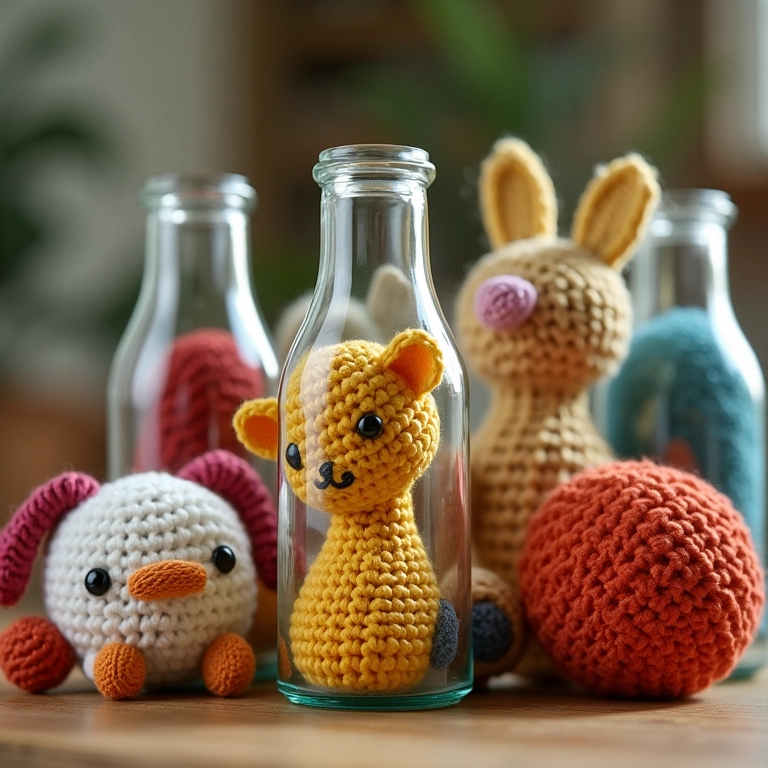Arranjo criativo de amigurumis de crochê em garrafas de vidro.