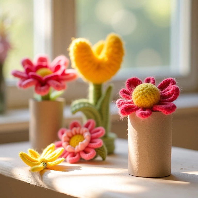 Arranjo de amigurumi feito com rolos de papel higiênico.
