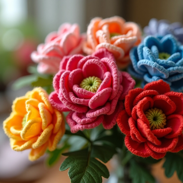 Arranjo de amigurumis de flores de fuxico coloridas.