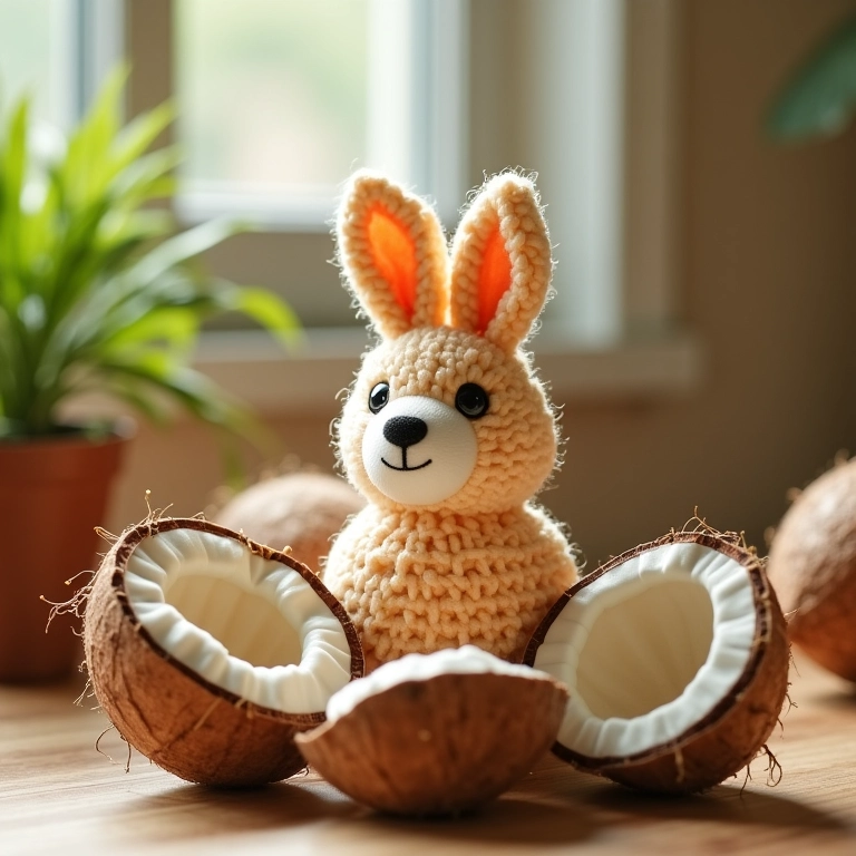 Arranjo de cascas de coco de crochê para velas amigurumi.