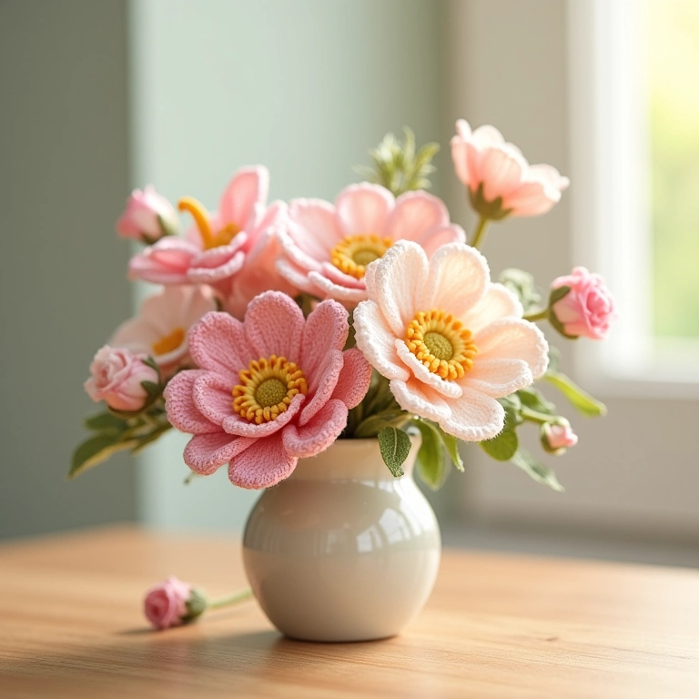Arranjo de flores de crochê amigurumi.