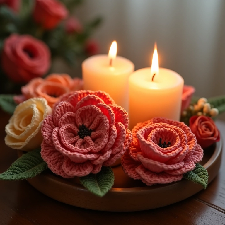 Arranjo de flores de crochê com velas em bandeja de madeira.