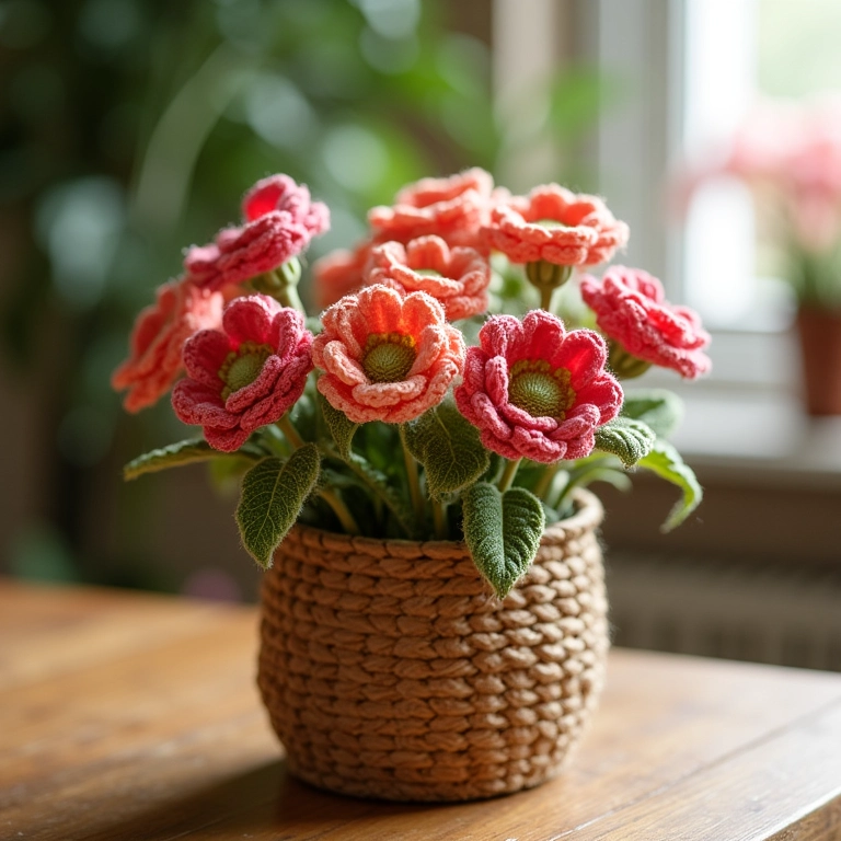 Arranjo de flores de crochê em cesta de vime sobre mesa.