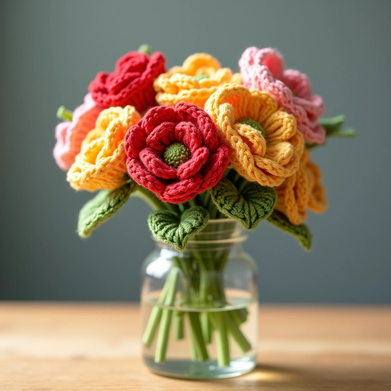 Arranjo de flores de crochê em garrafa de vidro transparente.