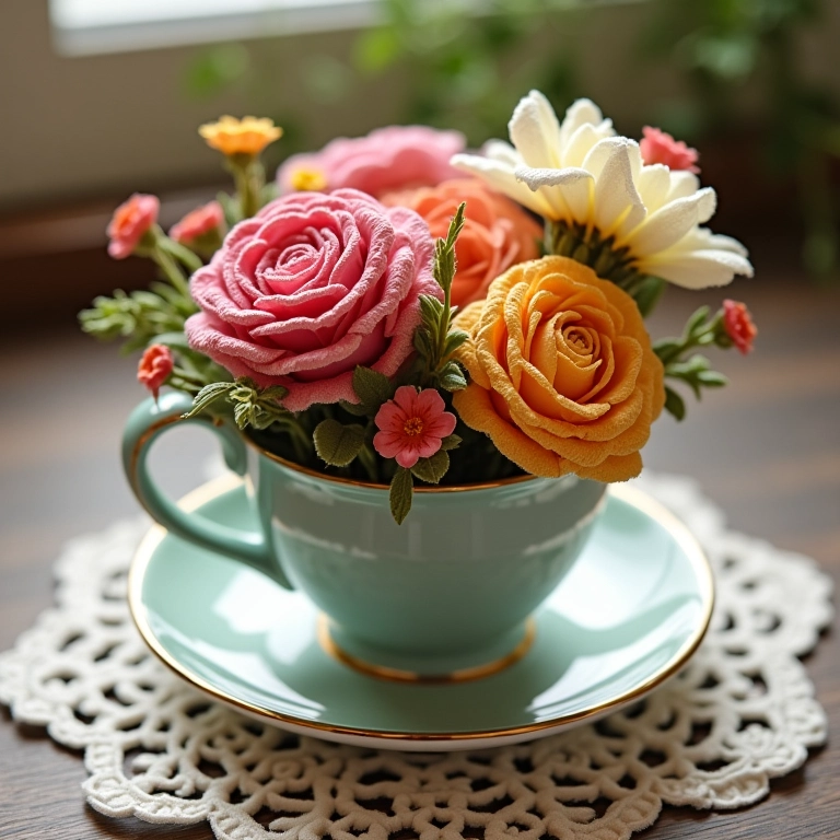 Arranjo de flores de crochê em xícara vintage sobre renda.