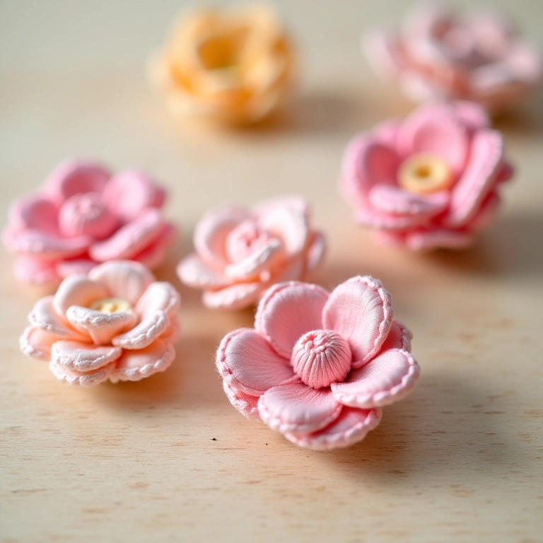 Arranjo de flores de crochê feitas com fitas de cetim.