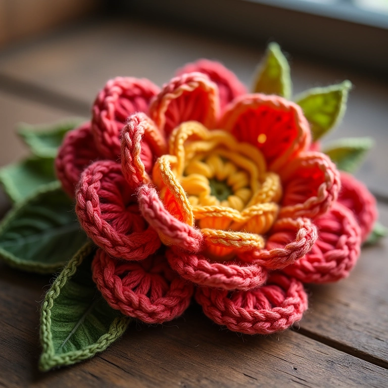 Arranjo de flores de crochê vibrante em mesa de madeira rústica.