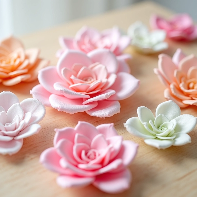 Arranjo de flores de fita de cetim de crochê em tons pastel.