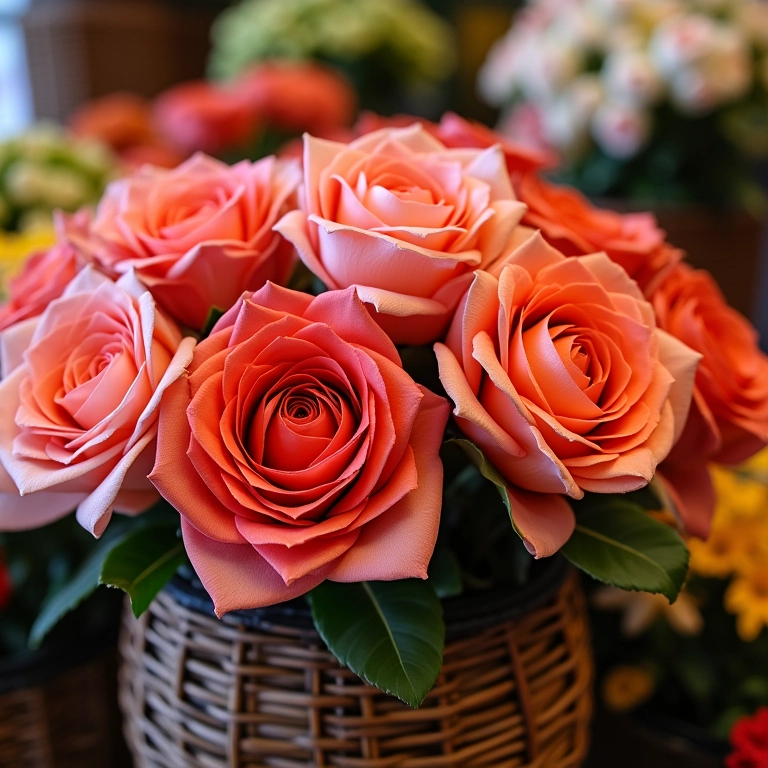 Arranjo de flores de fita de cetim em um cesto decorativo em um mercado brasileiro.