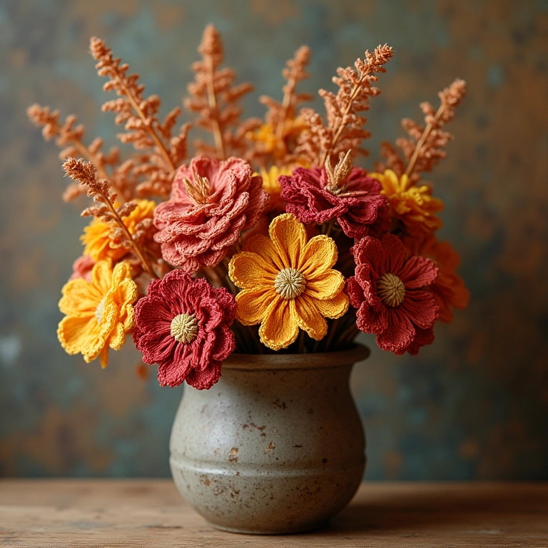 Arranjo de flores secas de crochê em pote rústico.