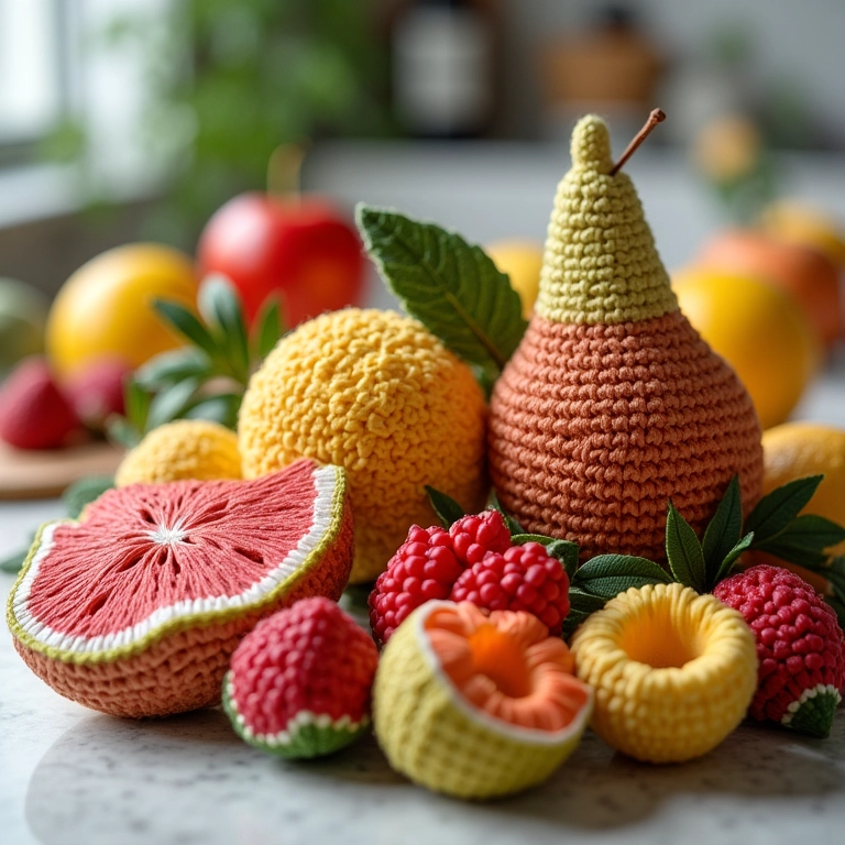 Arranjo de frutas e flores de crochê em bancada de cozinha.