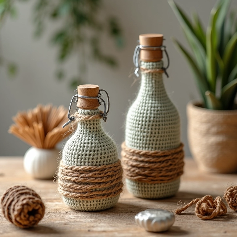 Arranjo de garrafas de vidro decoradas com crochê de barbante em mesa de artesanato.