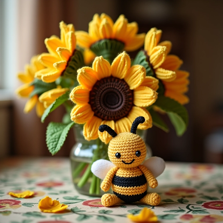 Arranjo de girassóis de crochê com abelha amigurumi em mesa temática.
