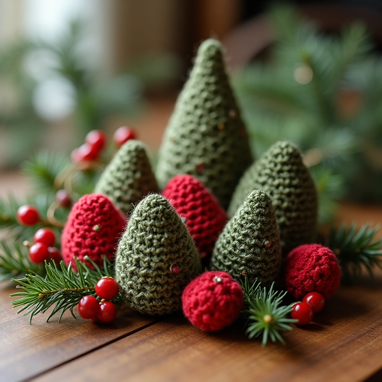 Arranjo de Natal com amigurumis e elementos naturais.