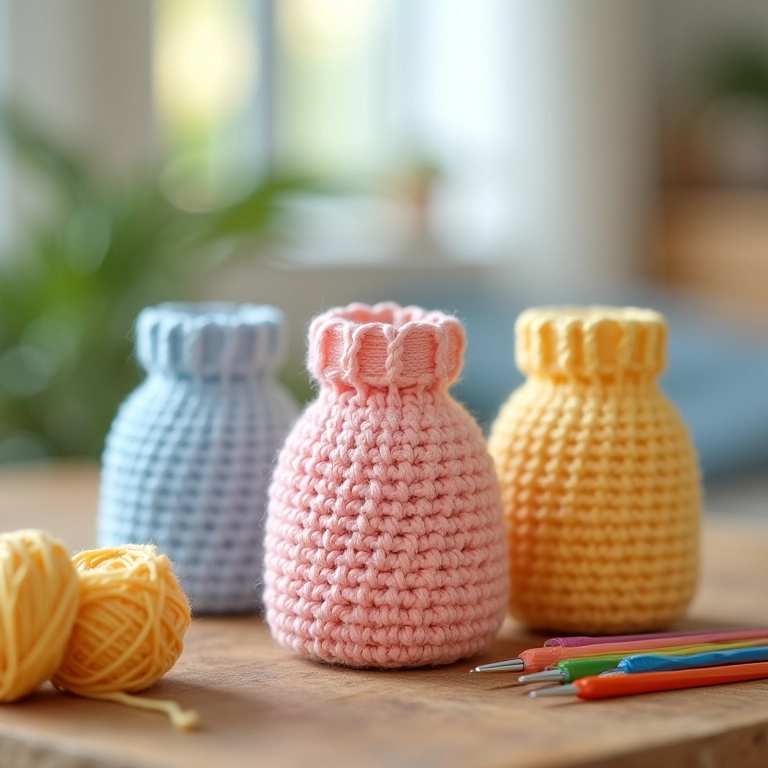 Arranjo de vasos de crochê em forma de caixas de leite decoradas.