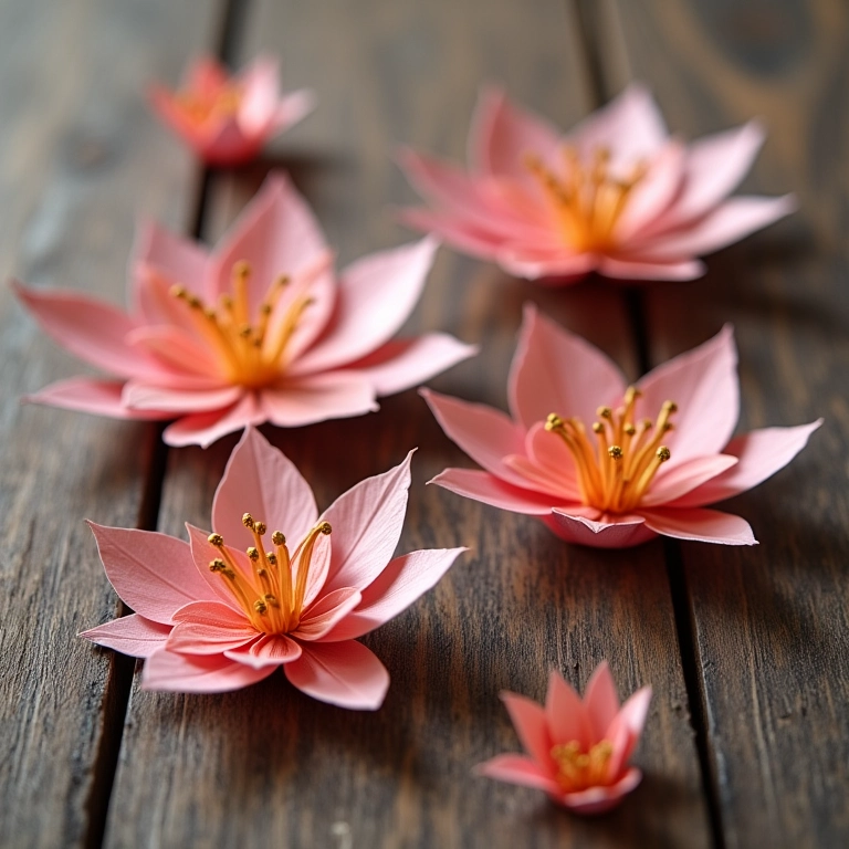 Arranjo delicado de flores de papel em superfície de madeira rústica.