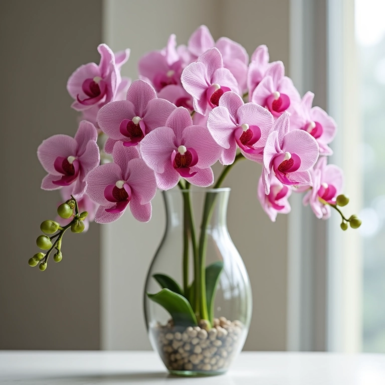 Arranjo elegante de orquídeas de crochê em vaso alto.