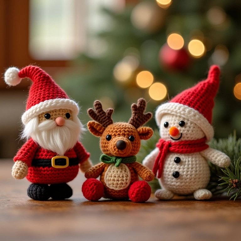 Arranjo festivo de Natal com amigurumis de crochê: Papai Noel, rena e boneco de neve em miniatura.