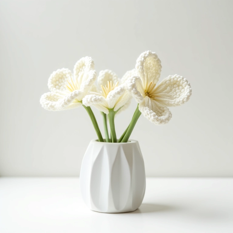 Arranjo minimalista de flores brancas de crochê em vaso geométrico.