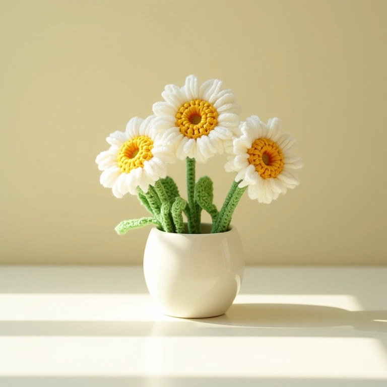 Arranjo simples de margaridas de crochê em vaso pequeno.