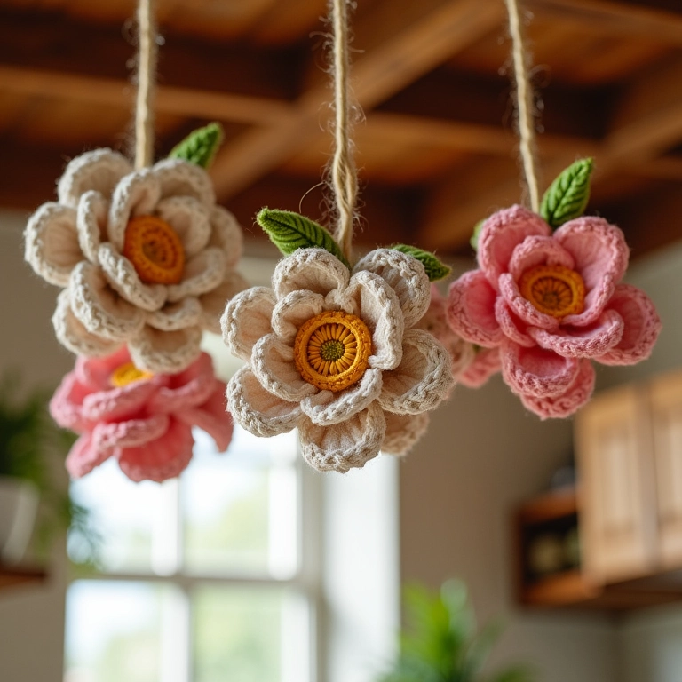 Arranjos suspensos de flores de crochê.