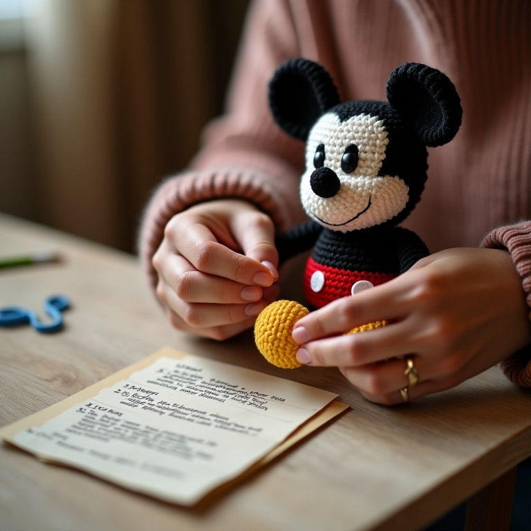 Artesã criando amigurumi do Mickey com dicas em papel.