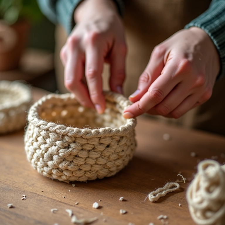 Base de MDF Para Cesto de Fio de Malha: Onde Comprar Artesã criando cesto de fio de malha com base de MDF.
