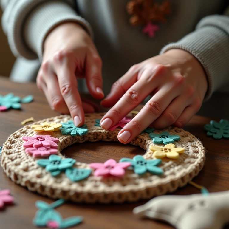 Artesã criando guirlanda de feltro, adicionando detalhes.