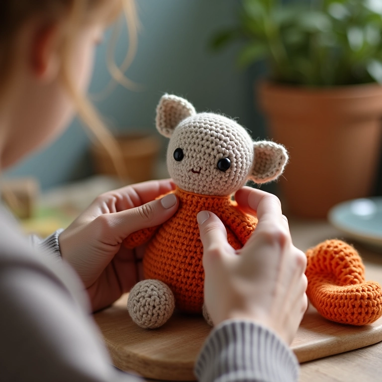 Artesã criando lembrancinhas em amigurumi para maternidade.