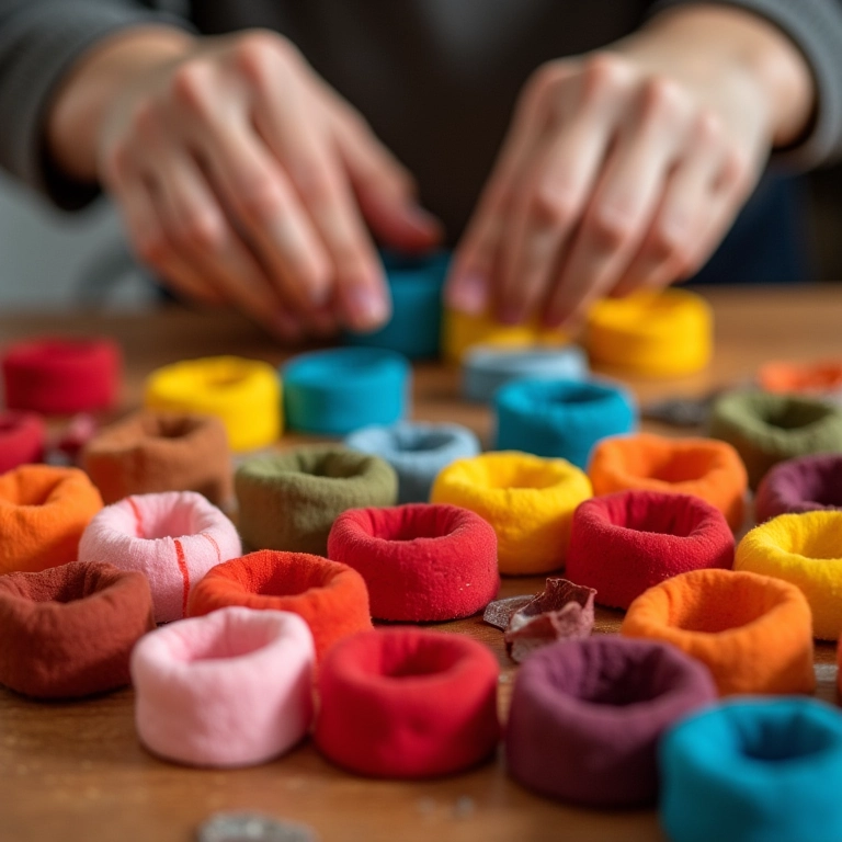 Artesã criando porta-guardanapos de EVA coloridos