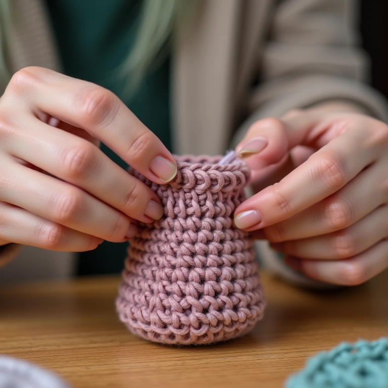 Artesã crochetando cesto com ponto baixo centrado.