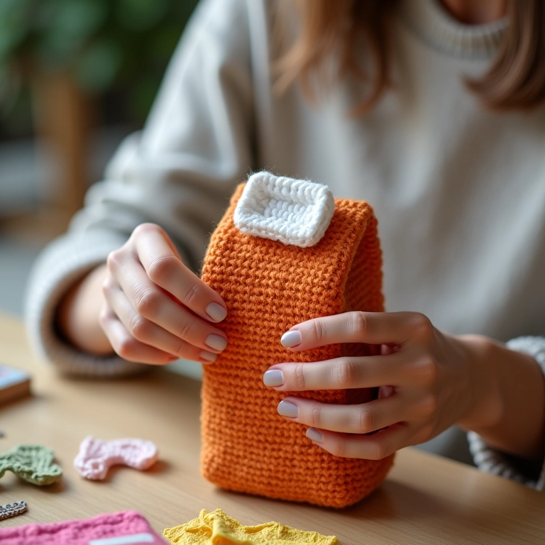 Artesã crochetando uma carteira de caixa de leite.