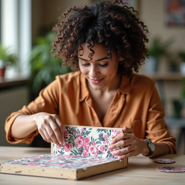 Artesã decorando base de MDF com decoupage.