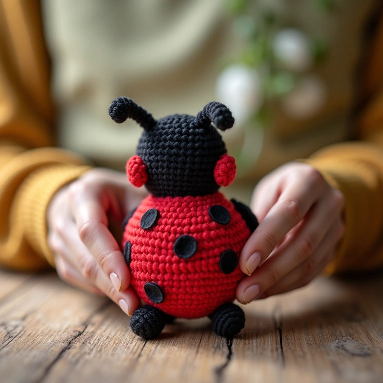 Artesã fazendo amigurumi de joaninha em casa, lembrancinha artesanal.
