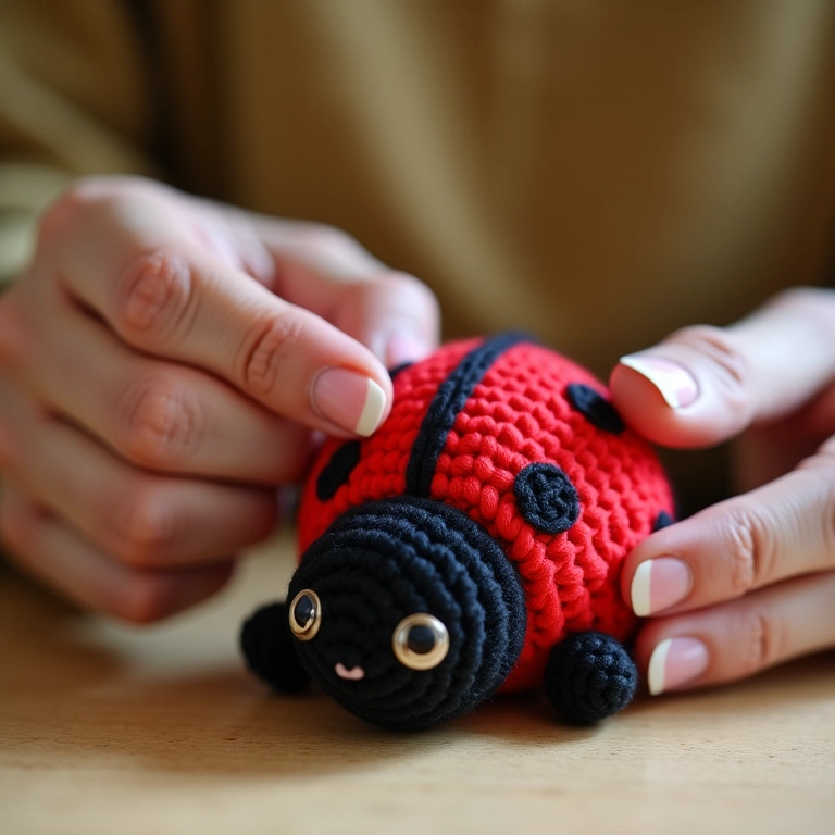Artesã finalizando amigurumi de joaninha, perfeito para lembrancinha.